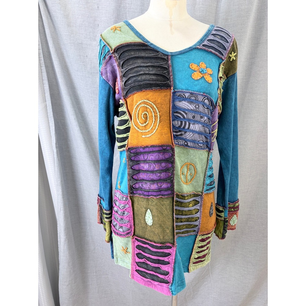 India Boutique Patchwork Razor Cut Embroidered Tunic Top Boho Artisan Cotton OS